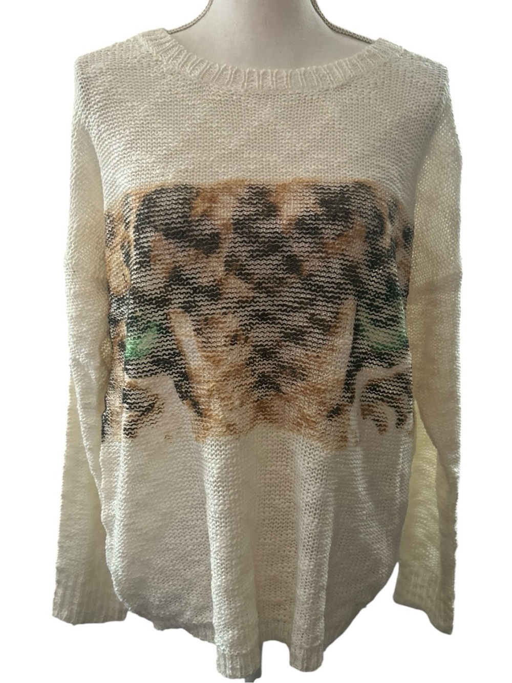 iris Cream Crewneck Sweater with Brown Leopard-Pattern Panel